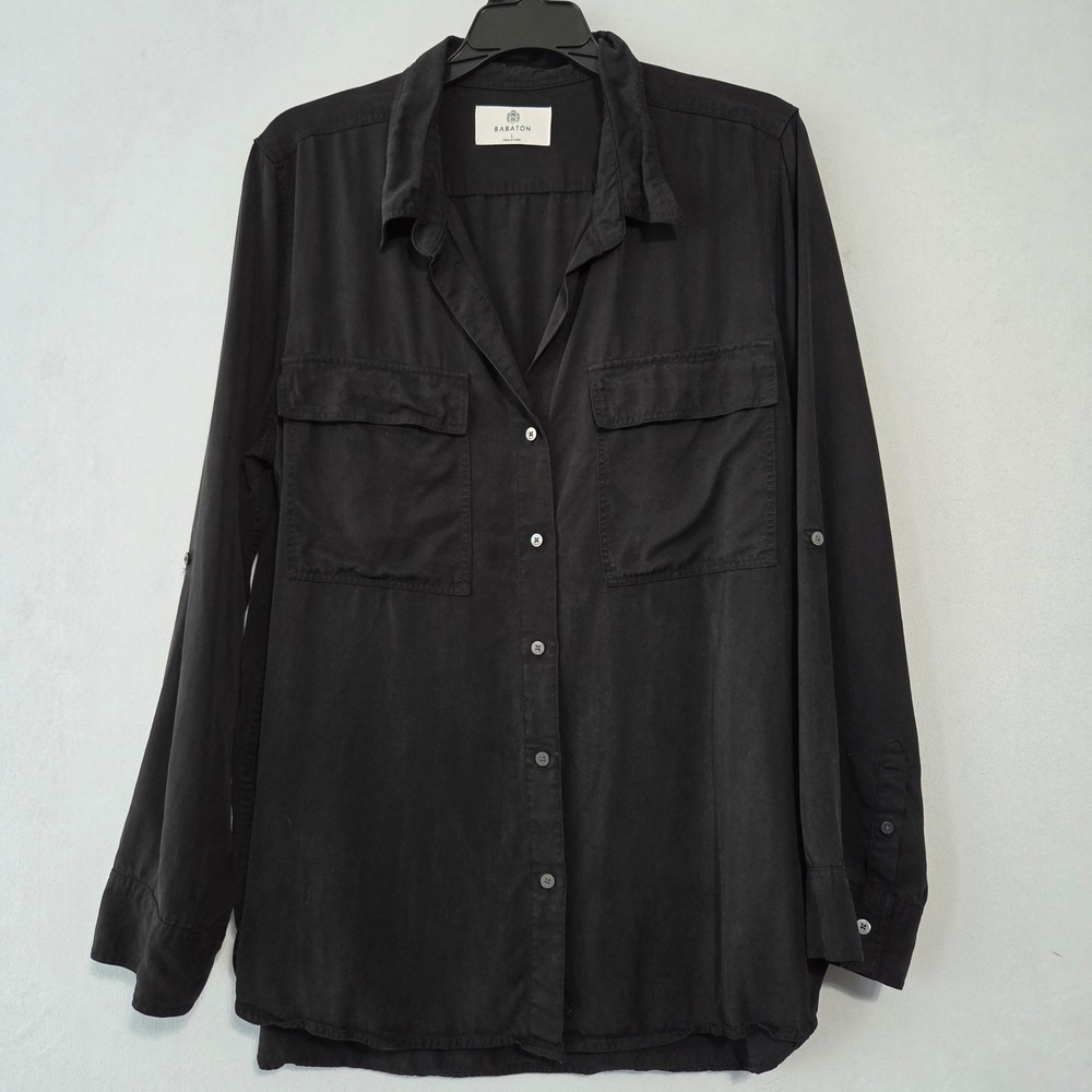 Babaton Top Womens L Black Tencel Roll Tab Sleeve Button Up Utility Minimalist